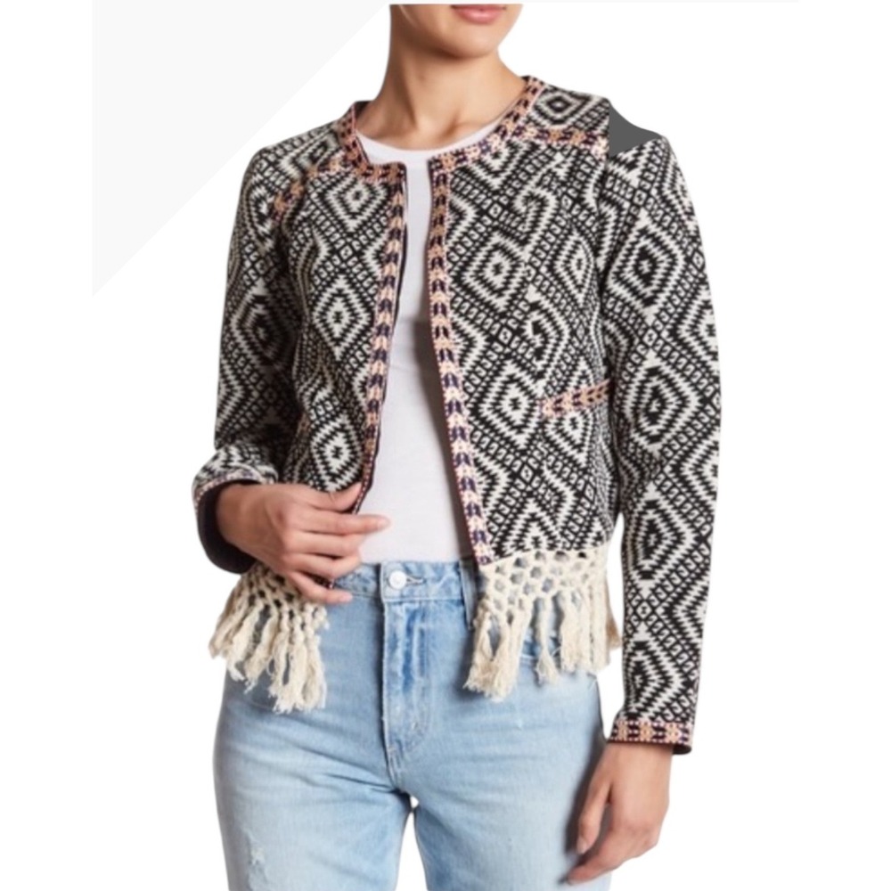 Tularosa Jacket‎ Women Small Black Ivory Open Front Fringe Santa Fe Coat Aztec
